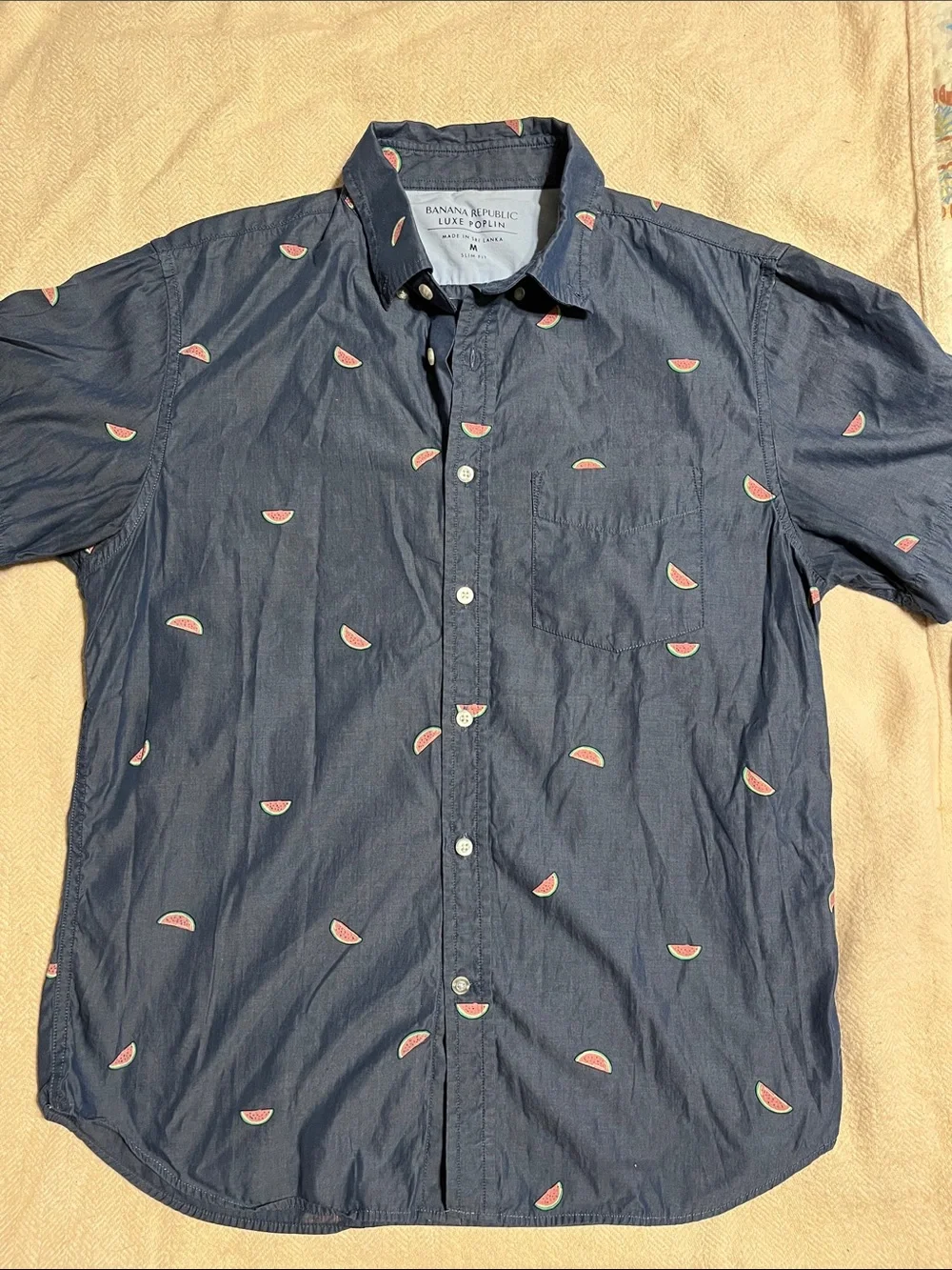 Banana Republic Navy Short-Sleeve Button-Down Shirt with Watermelon Motif